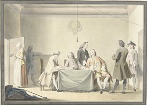 Zitting van Commissarissen tot ontvangst der Liberale Gifte, of 50ste penning, 12 september 1747 door Jacobus Buys (signed by artist)