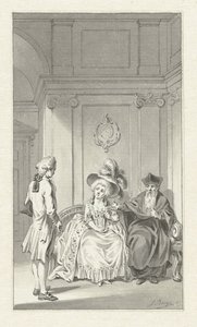 Interieur met geestelijke, dame en jongeman door Jacobus Buys