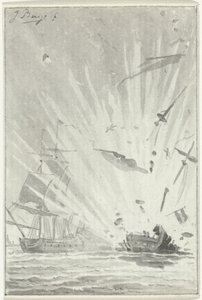 Ontploffing van het Nederlandse kaperschip De Dappere Patriot in gevecht met het Engelse schip Kameleon, 14 augustus 1781 door Jacobus Buys