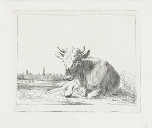 Liggende koe, op de achtergrond een stad door Jacobus Cornelis Gaal