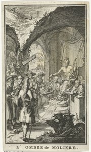 Molière voor de rechters van Pluto door Jacobus Harrewijn
