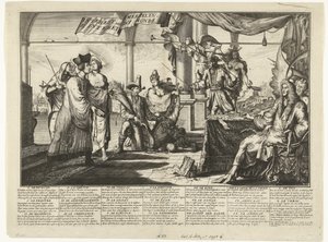 Spotprent op de advocatuur die garen spint bij het twisten van de mens, 1687