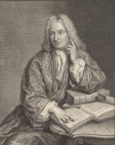 Kniestuk van Hendrik Snakenburg, zittend aan een tafel met enkele boeken door Jacobus Houbraken
