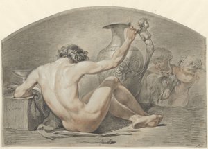 Zittend mannelijk naakt, de hand op het handvat van een vaas