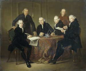 De vier regenten, de secretaris en de huisvader van het Leprozenhuis van Amsterdam, 1773 door Jacobus Luberti Augustini