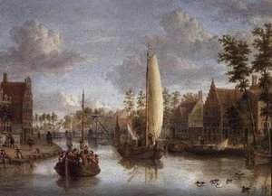 Een kanaal met schuiten door Jacobus Storck