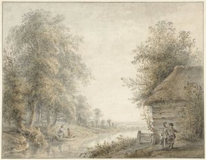 Boerenschuur bij een vaart aan een boszoom door Jacobus Versteegen