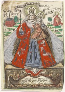 Maria met Kind met achter haar twee kerkgebouwen
