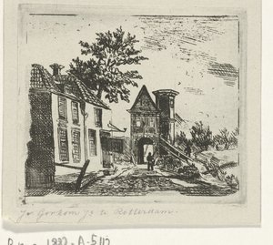 Stadsgezicht met poort door Jacobus van Gorkom jr.