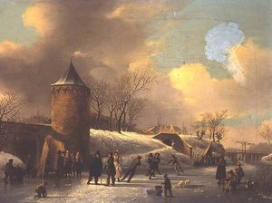 Schaatsers op een bevroren waterweg bij een toren door Jacobus van der Stok