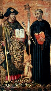 Sint Jacob van Compostela afgebeeld als pelgrim met staf, hoed en schelp en Sint Gilles de kluizenaar (7e eeuw), ca. 1450 door Jacomart (c.1413 61) Baco