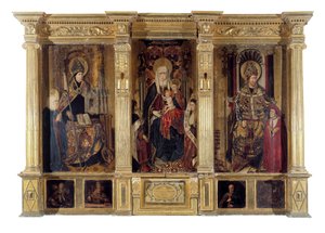 Het altaarstuk van Sint-Ildefons (overleden 667, bisschop van Toledo) en Sint-Augustinus van Hippo (ca. 354-430, Berber filosoof en schrijver). Schilderij door Jaume Baco genaamd Jacomart (1410-1461). Olie op hout, circa 1450, Renaissancekunst. Kathedraal 