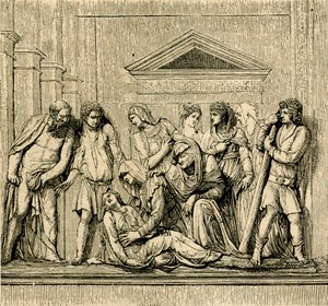 Sint Antonius wekt verdronken vrouw tot leven, marmeren reliëf door Jacopo Sansovino (1486-1570), basiliek van Sint Antonius van Padua, Padua, Veneto, Italië