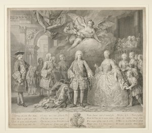 Ferdinand VI en zijn koningin Maria Barbara van Braganza met Scarlatti en de beroemde Italiaanse castraat Farinelli door Jacopo (after) Amigoni
