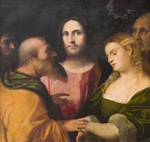 Christus en de overspelige vrouw door Jacopo (c.1480 1528) Palma
