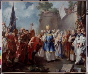 Keizer Alexander brengt hulde aan de hogepriester Jaddus. Schilderij toegeschreven aan Jacopo Amigoni