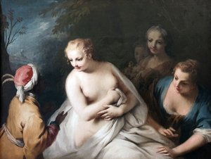 Duits: Bathseba im Bade erhält die Botschaft Davids Bathseba ontvangt in haar bad de boodschap van David door Jacopo Amigoni