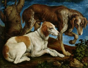 Twee jachthonden vastgebonden aan een boomstronk, c.1548-50