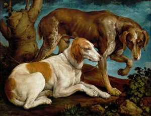 Twee jachthonden, aan een boomstronk gebonden door Jacopo Bassano