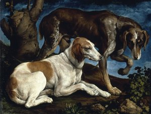 Twee jachthonden, 1548-1549 door Jacopo Bassano il vecchio