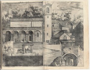 Uitzicht op het Kwadrant: de Hoofdingang, het Plein, de Kerk en de Loggia van het Klooster van de Monte della Vernia door Jacopo Ligozzi
