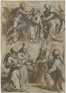 Vier heiligen in aanbidding en de kroning van de Maagd Maria door Jacopo Palma (il Giovane)
