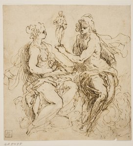 Personificaties van Schilderkunst en Beeldhouwkunst zittend op wolken door Jacopo Palma