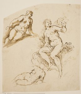Studies voor een zittende en twee neergebogen vrouwen door Jacopo Palma