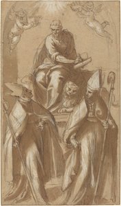 Sint Marcus met Twee Bisschoppen en Putti door Jacopo Palma il Giovane