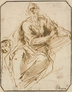 Studie voor St. Mark (recto); schets van een half-lengte mannelijke figuur, omhoog kijkend naar rechts (verso) door Jacopo Palma il Giovane