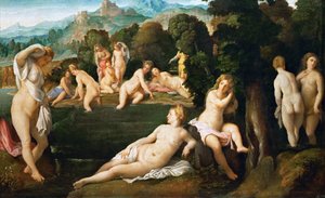 Nimfen baden, ca 1528 door Jacopo Palma il Vecchio the Elder