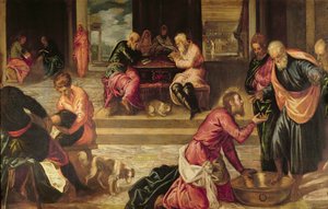 Christus wast de voeten van de discipelen door Jacopo Robusti Tintoretto