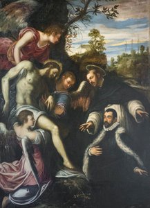 Dode Christus ondersteund door drie engelen, Sint Dominicus en schenker door Jacopo Robusti Tintoretto