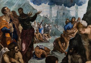 St. Augustinus geneest de lamme (detail) door Jacopo Robusti Tintoretto