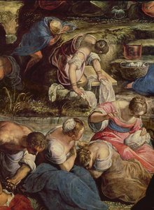 Het verzamelen van manna, centraal detail: naaiende vrouw door Jacopo Robusti Tintoretto