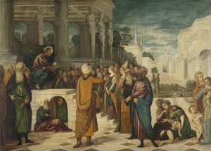 Christus met de overspelige vrouw door Jacopo Tintoretto