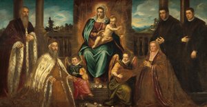 Doge Alvise Mocenigo en familie voor de Madonna en Kind door Jacopo Tintoretto