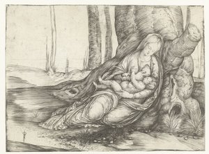 Maria met kind aan borst zit voor voet van boom door Jacopo de
