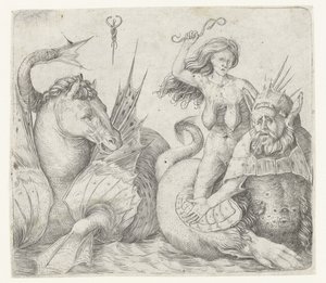 Oude vrouw op rug van triton naast hippocampus