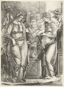 Vier vrouwen offeren jongen bij beeld van Priapus door Jacopo de