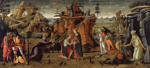 Landschap met Bijbelse scènes en scènes uit heiligenlegenden door Jacopo del Sellaio