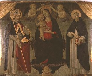 Madonna geflankeerd door St. Nicolaas en St. Peter Martyr door Jacopo del Sellaio
