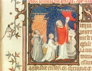 Ms Lat 18014 Jean de France (1340-1416) Hertog van Berry Biddend Voor de Verheffing van de Hostie, uit Les Petites Heures de Duc de Berry, ca.1385-90 door Jacquemart de Hesdin