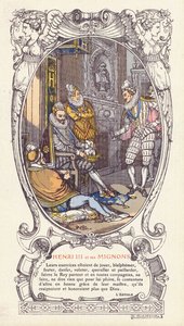 Koning Hendrik III van Frankrijk en zijn favorieten, de Mignons (kleur litho) door Jacques Emile (after) Blanche