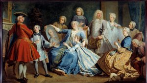 Portret van Madame Mercier, verpleegster van Lodewijk XV, omringd door haar familie door Jacques  Dumont