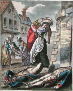 Vrouwen helpen de gewonden tijdens de Franse Revolutie, gegraveerd door Labrousse, c.1795