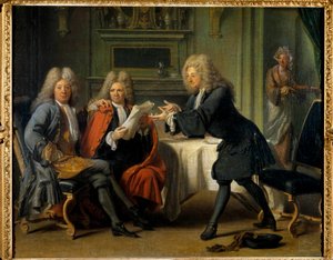 Het huis van Auteuil waar Bernard Le Bouyer de Fontenelle, Franse schrijver, La Motte, Saurin en Madame de Alexandrine Claudine Guerin, markiezin de Tencin chocolade brengen