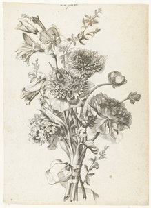 Boeket met anemonen, een pioenroos, sleutelbloemen en gladiolen