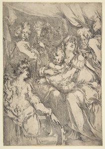 De Heilige Familie met Sint Catharina, Sint Johannes de Evangelist en een engel door Jacques Bellange