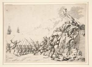 Aanval op een fort vanaf de zee door Jacques Bertaux